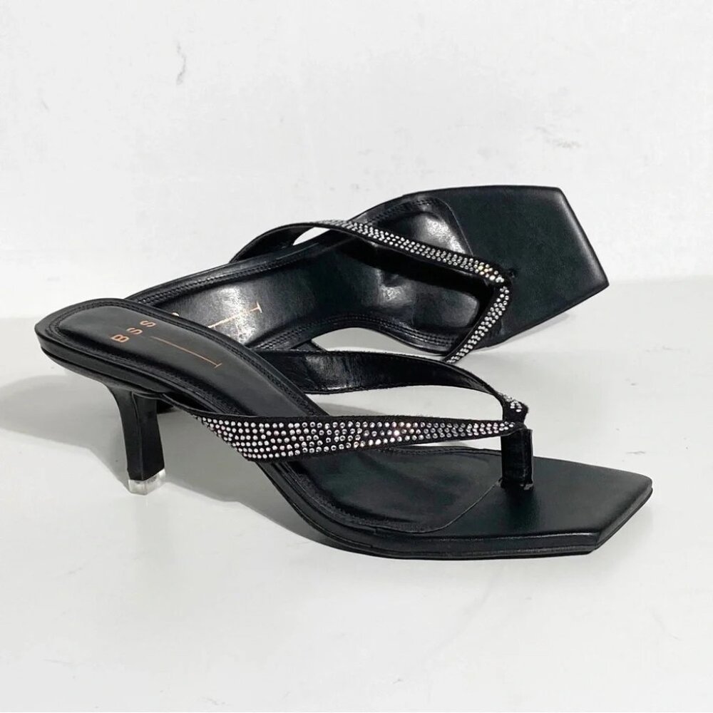 NEVER WORN Black Rhinestone Strap Square-Toe Kitten Heel Sandals